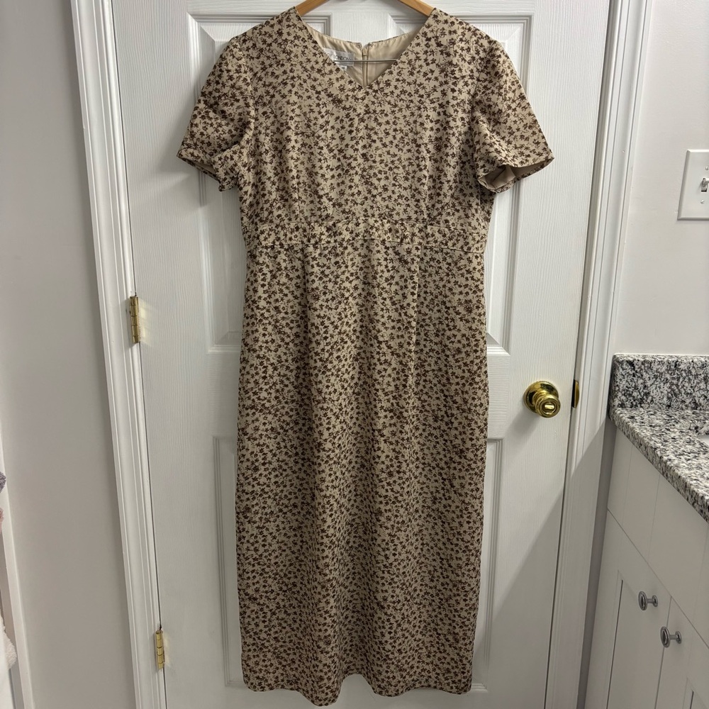 Vintage Maxi Dress Tan Ditsy Floral Size 14 Short Sleeve Brown